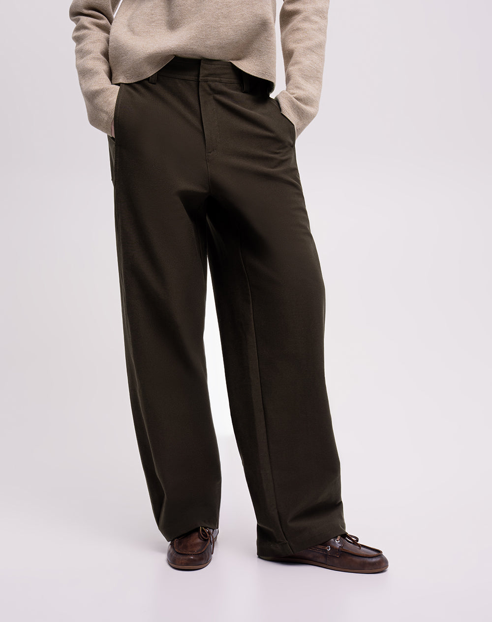 Pantalón wide leg tiro alto drill café mujer