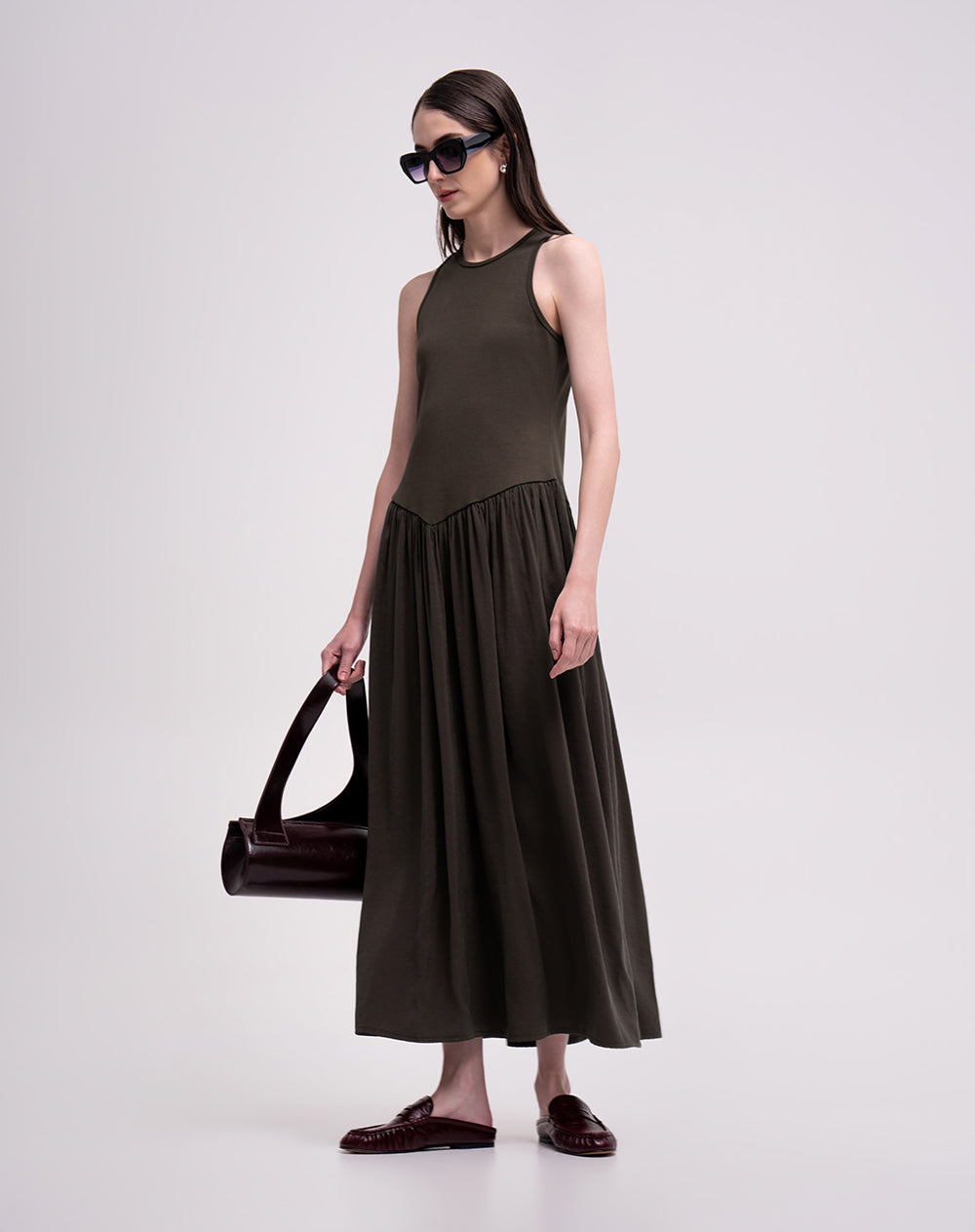 Vestido largo tejido de punto café mujer