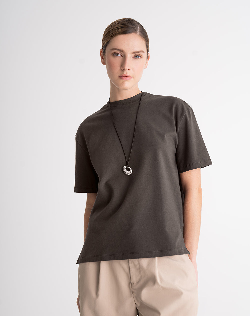 Camiseta regular algodón café mujer, image size:1000x1262