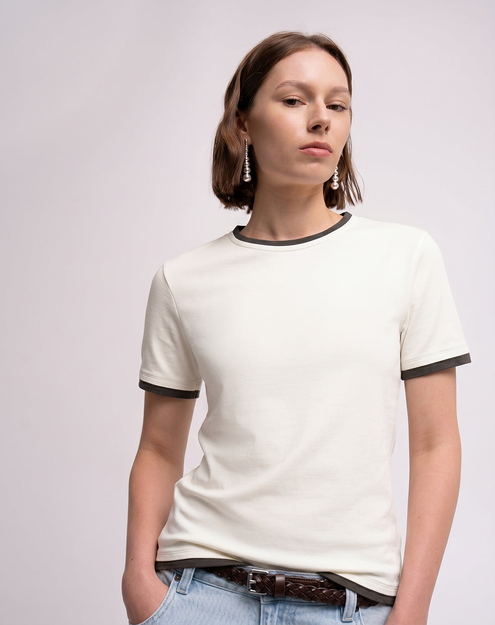 Camiseta slim tejido de punto crema mujer