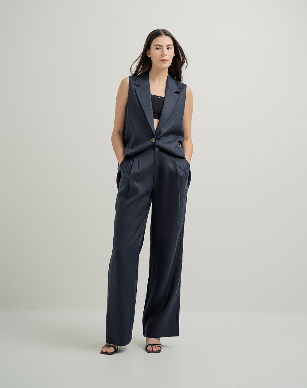 Pantalón de vestir tiro alto bota amplia azul mujer