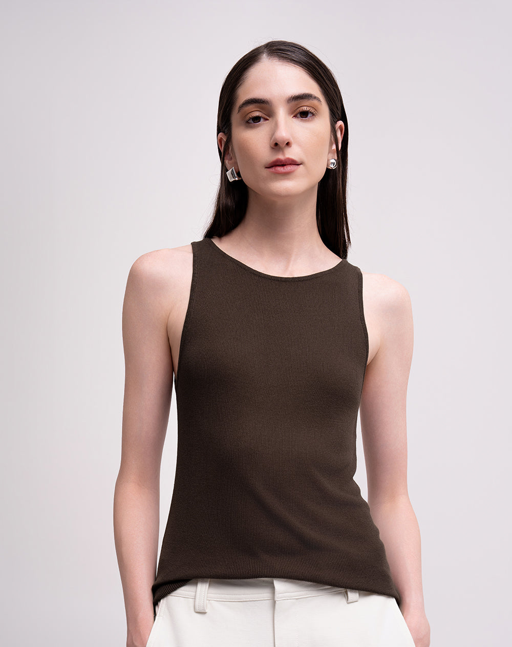 Camiseta slim en tejido de punto café mujer