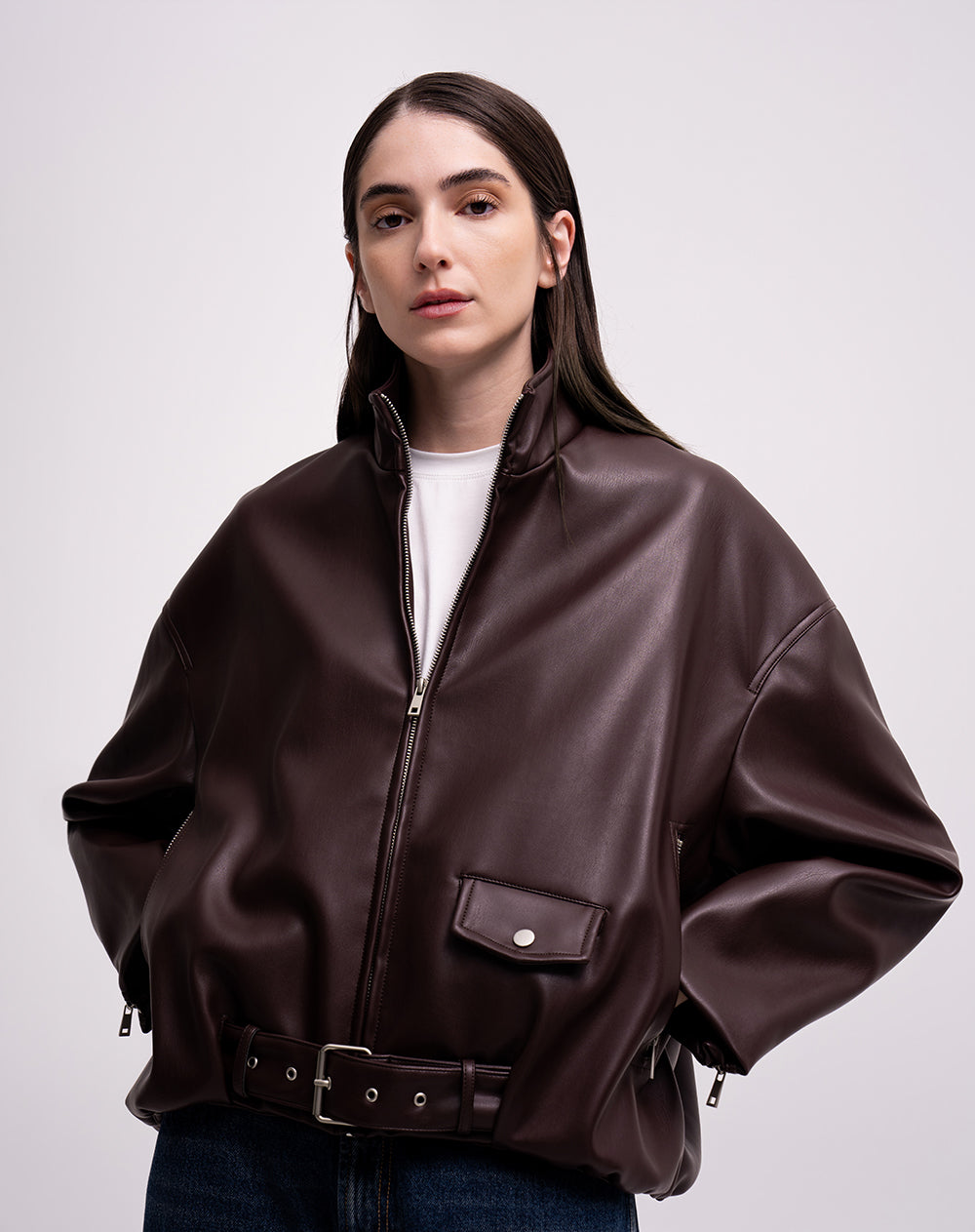 Chaqueta oversize tipo cuero vino tinto mujer