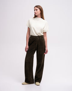 Pantalón wide leg tiro alto en cuero verde mujer