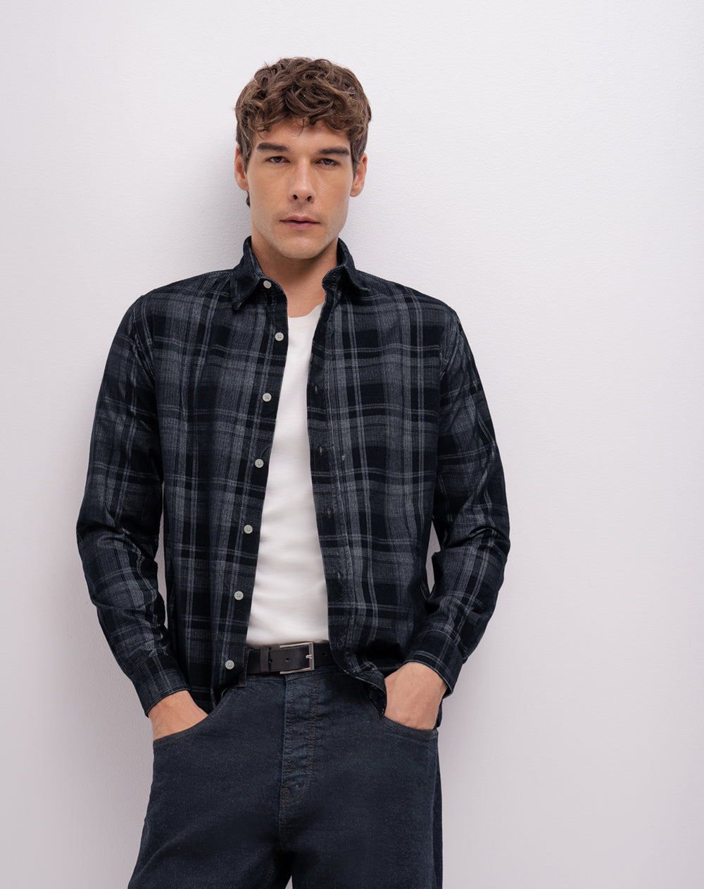 Camisa manga larga regular azul hombre