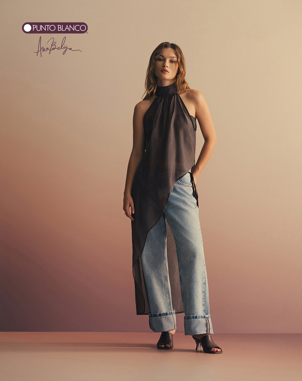 Camisa larga asimétrica cuello halter Ana Beliza