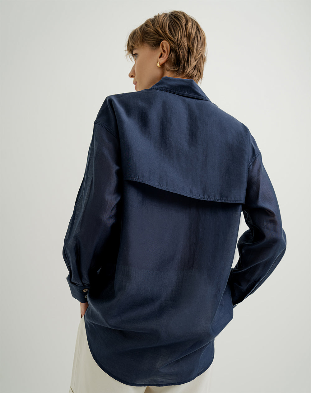 Camisa manga larga oversize transparencia azul mujer