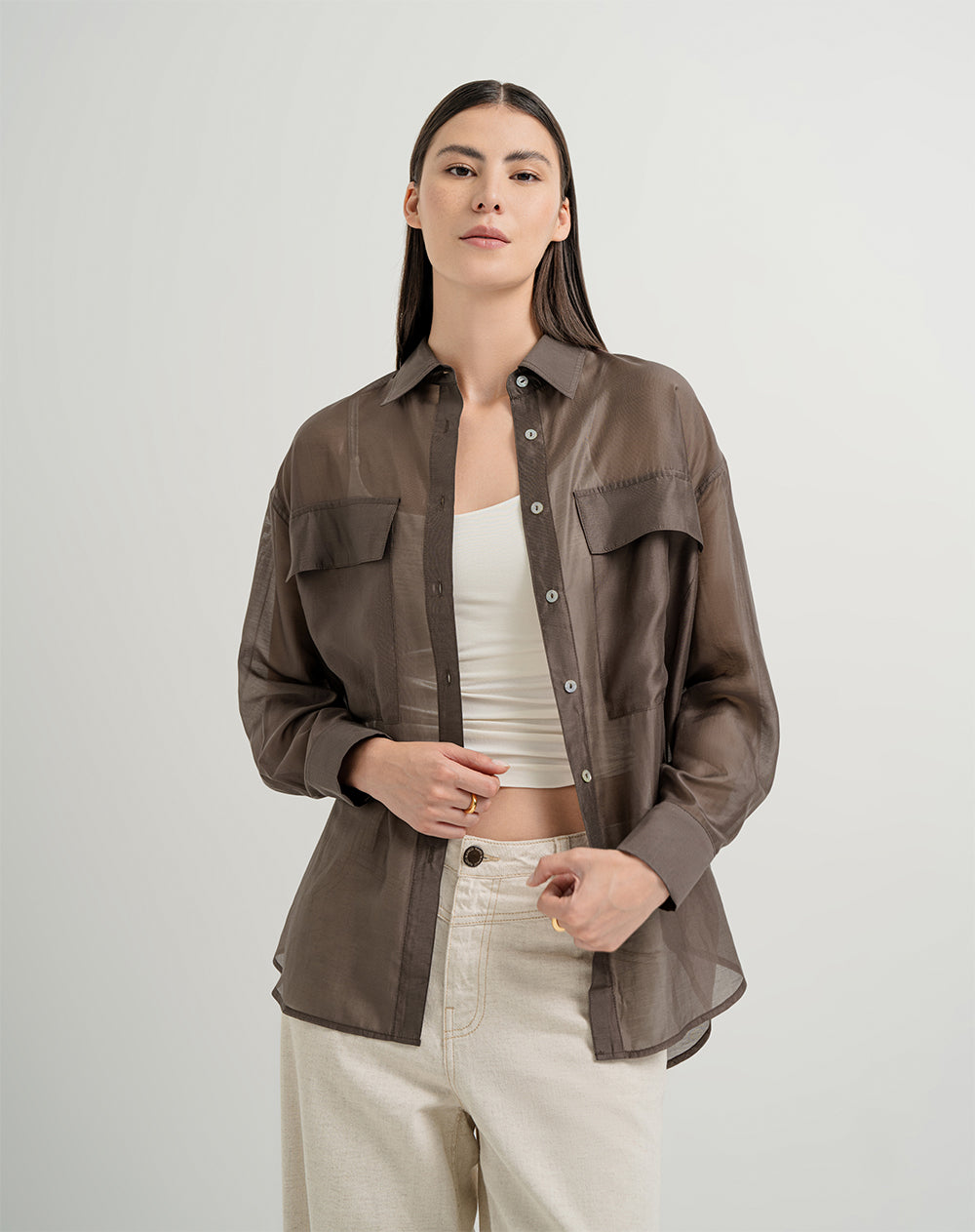 Camisa manga larga oversize transparencia café mujer