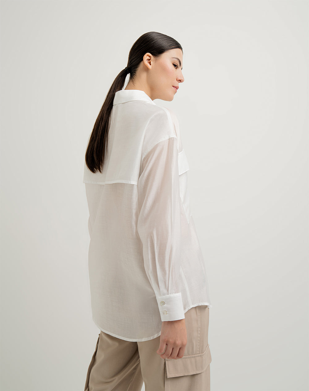 Camisa manga larga oversize transparencia crudo mujer