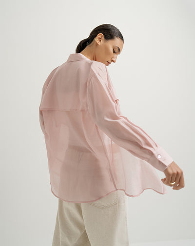 Camisa manga larga oversize transparencia rosada mujer
