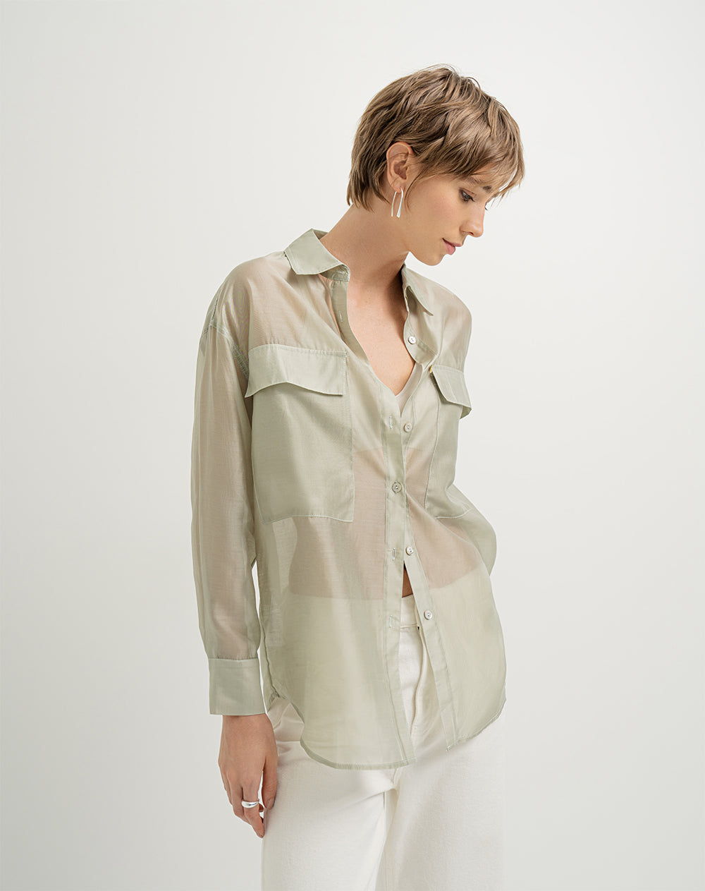 Camisa manga larga oversize transparencia verde mujer