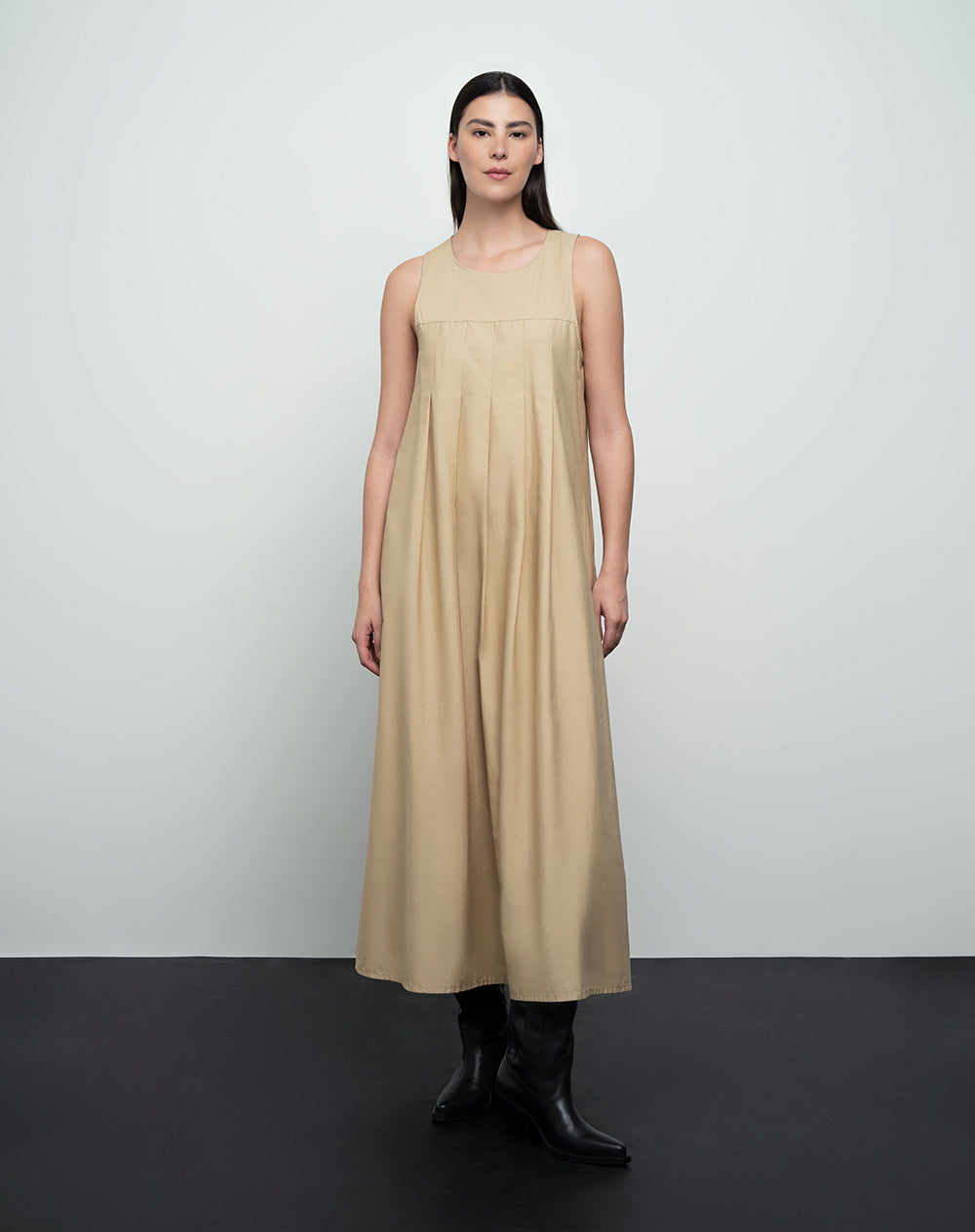 Vestido midi algodón caqui mujer