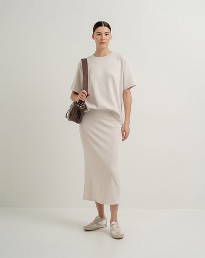 Falda midi tiro alto habano mujer