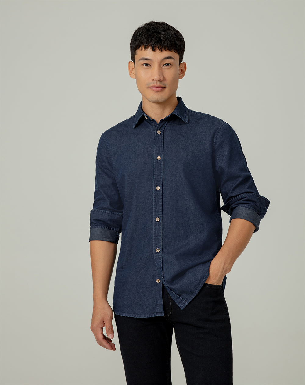 Camisa manga larga regular denim algodón azul hombre