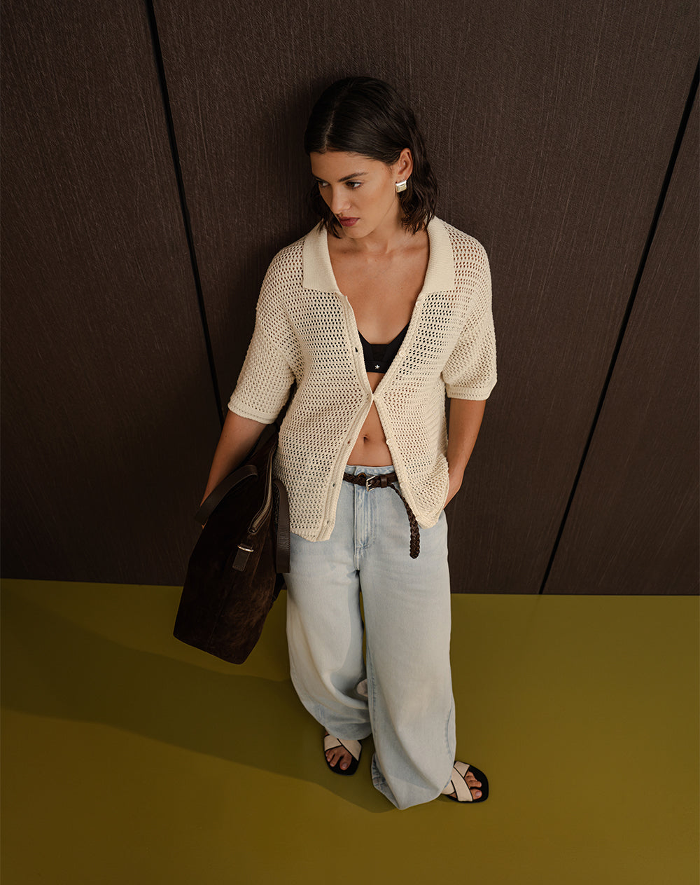 Camisa manga corta loose tejido de punto khaki mujer