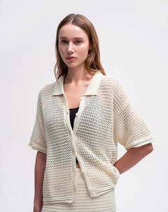 Camisa manga corta loose tejido caqui mujer
