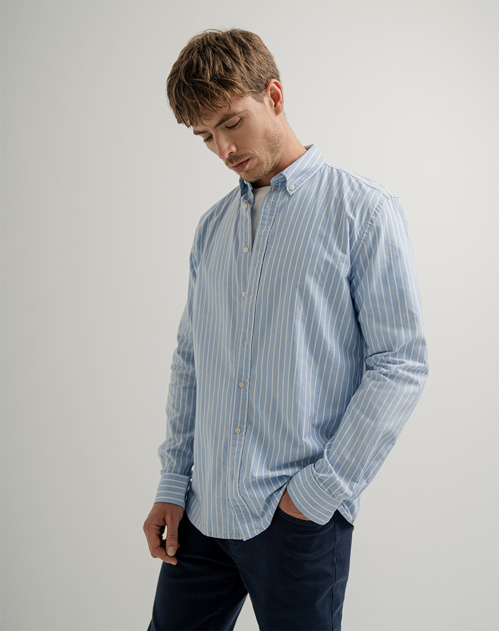 Camisa manga larga regular algodón azul hombre