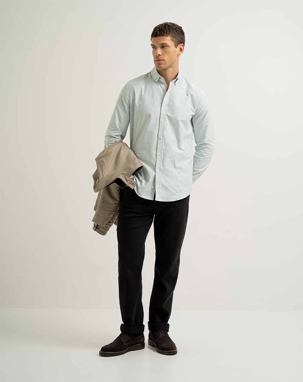 Camisa manga larga regular algodón oxford verde hombre