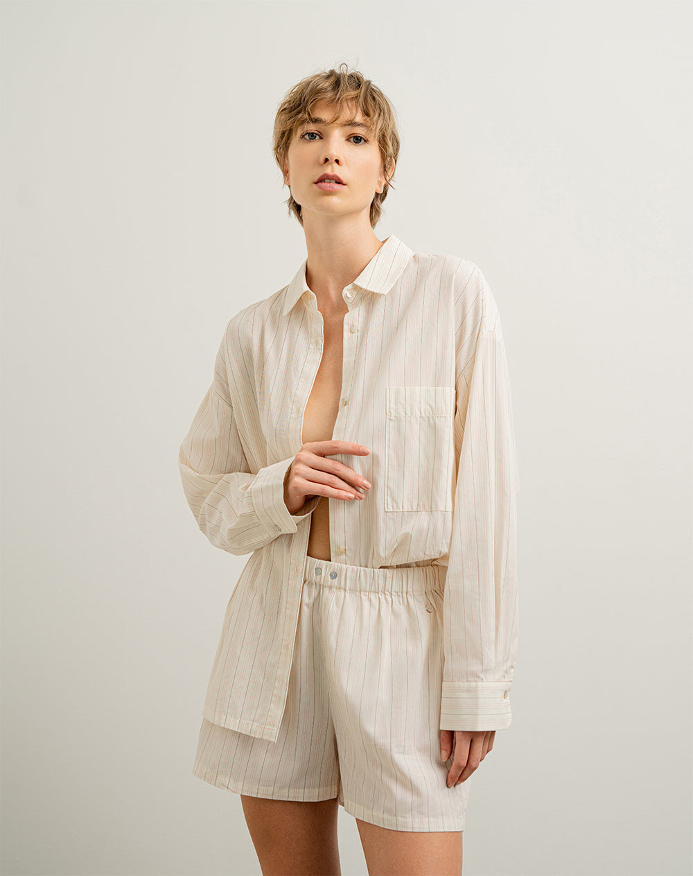Short de pijama mujer algodón beige rayas
