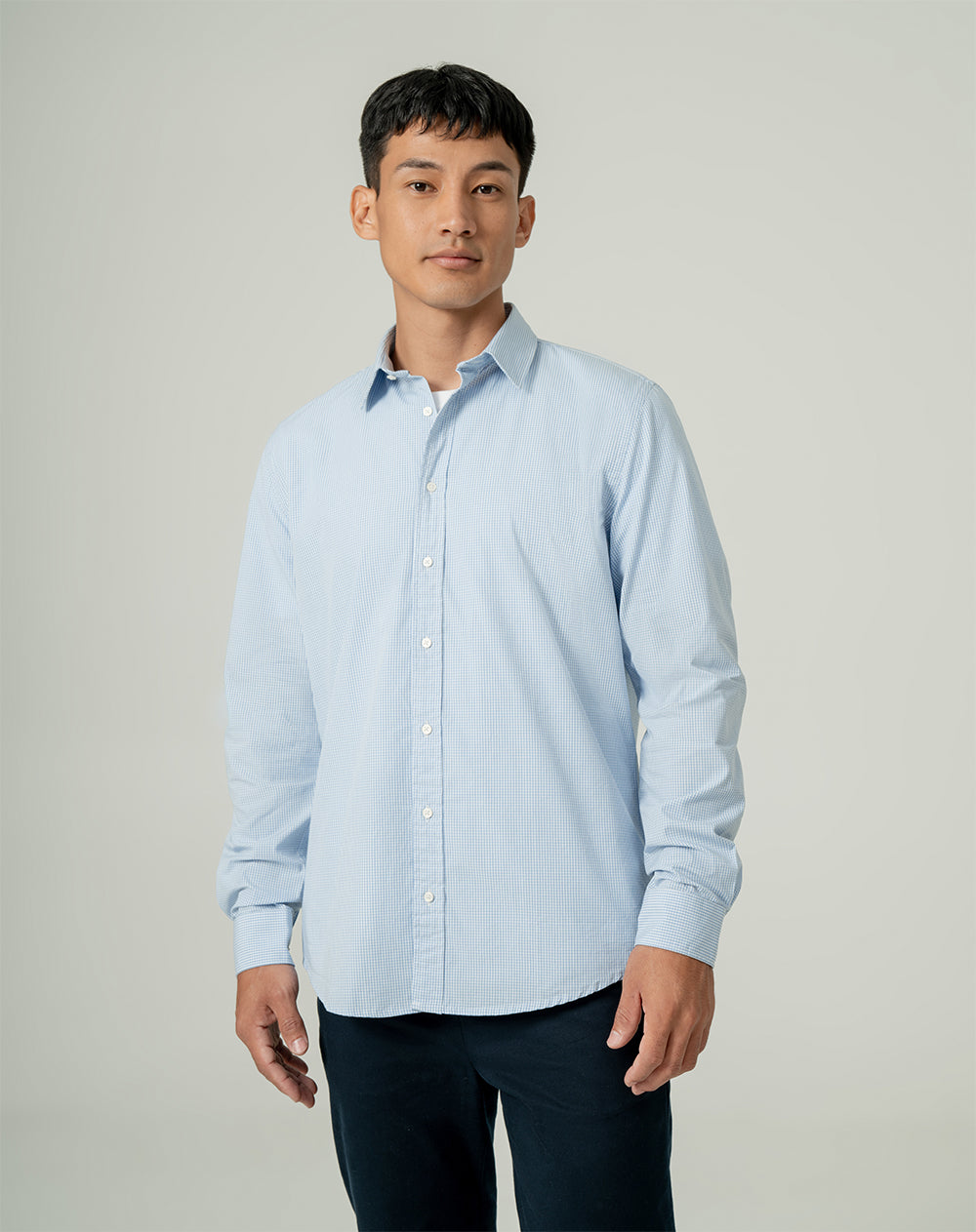 Camisa manga larga regular algodón azul hombre