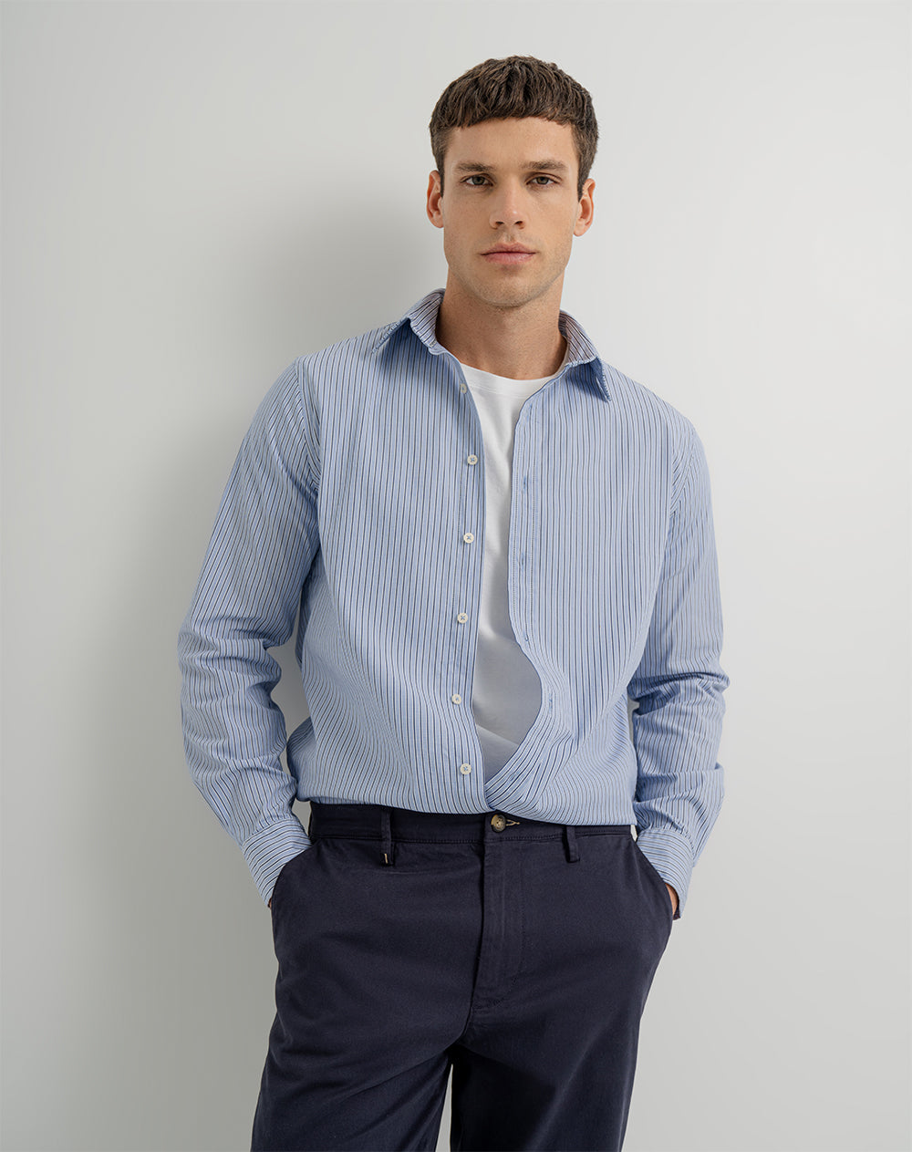 Camisa manga larga regular algodón azul hombre