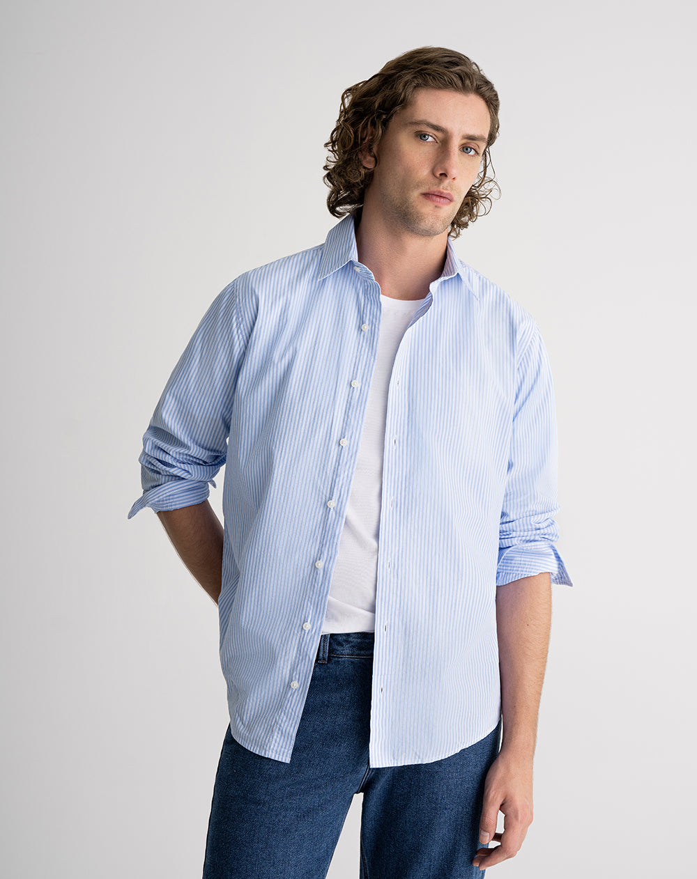 Camisa manga larga regular algodón azul rayas hombre