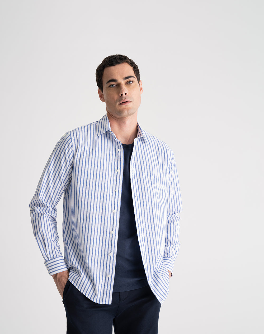 Camisa manga larga regular algodón blanca rayas hombre