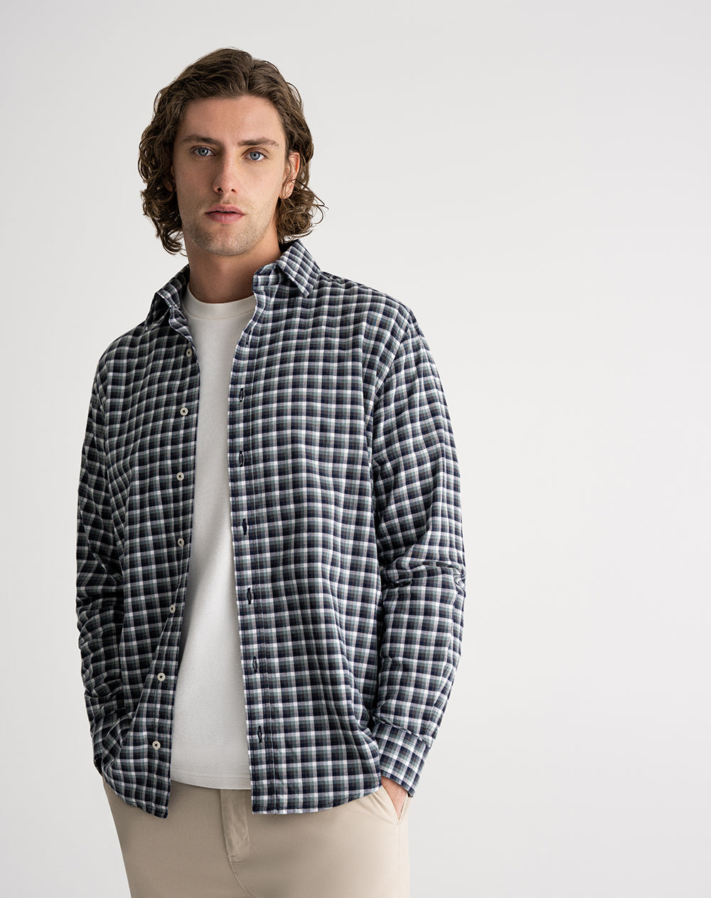 Camisa manga larga regular algodón verde cuadros hombre