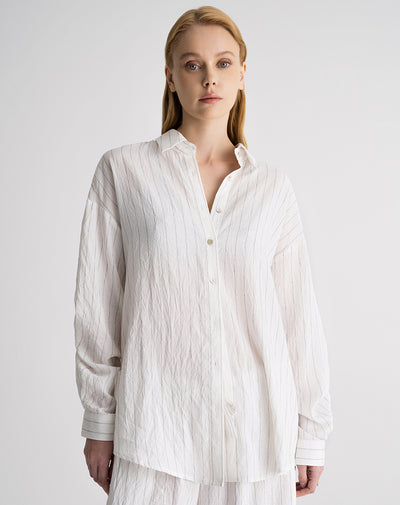 Camisa manga larga efecto arrugado habana rayas mujer