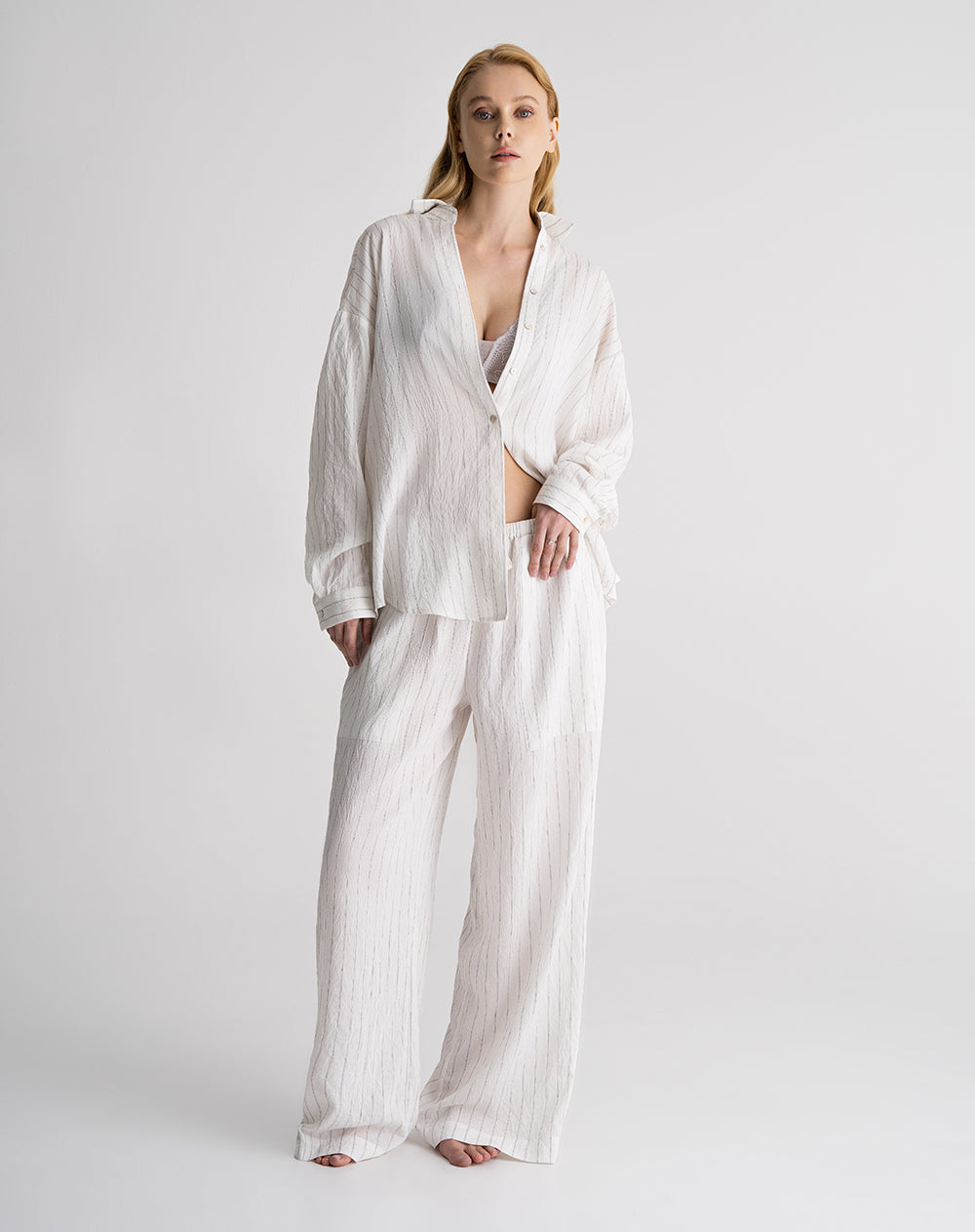 Camisa manga larga efecto arrugado habana rayas mujer