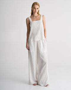 Pantalón tiro alto efecto arrugado crudo mujer