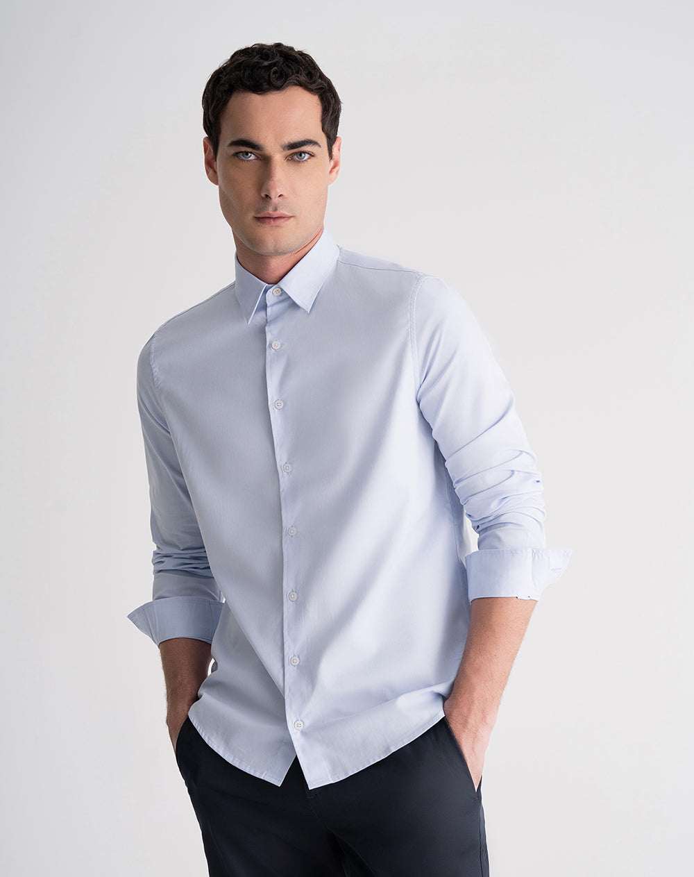 Camisa manga larga regular algodón azul hombre