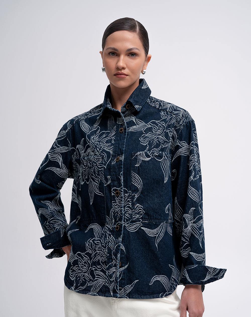 Camisa manga larga bordada indigo oscuro mujer