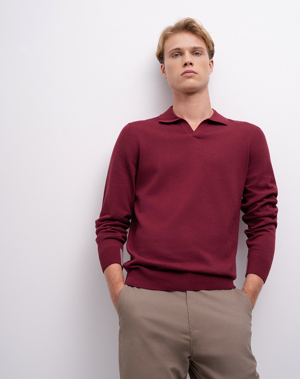Buzo tipo polo regular tejido de punto vino tinto hombre