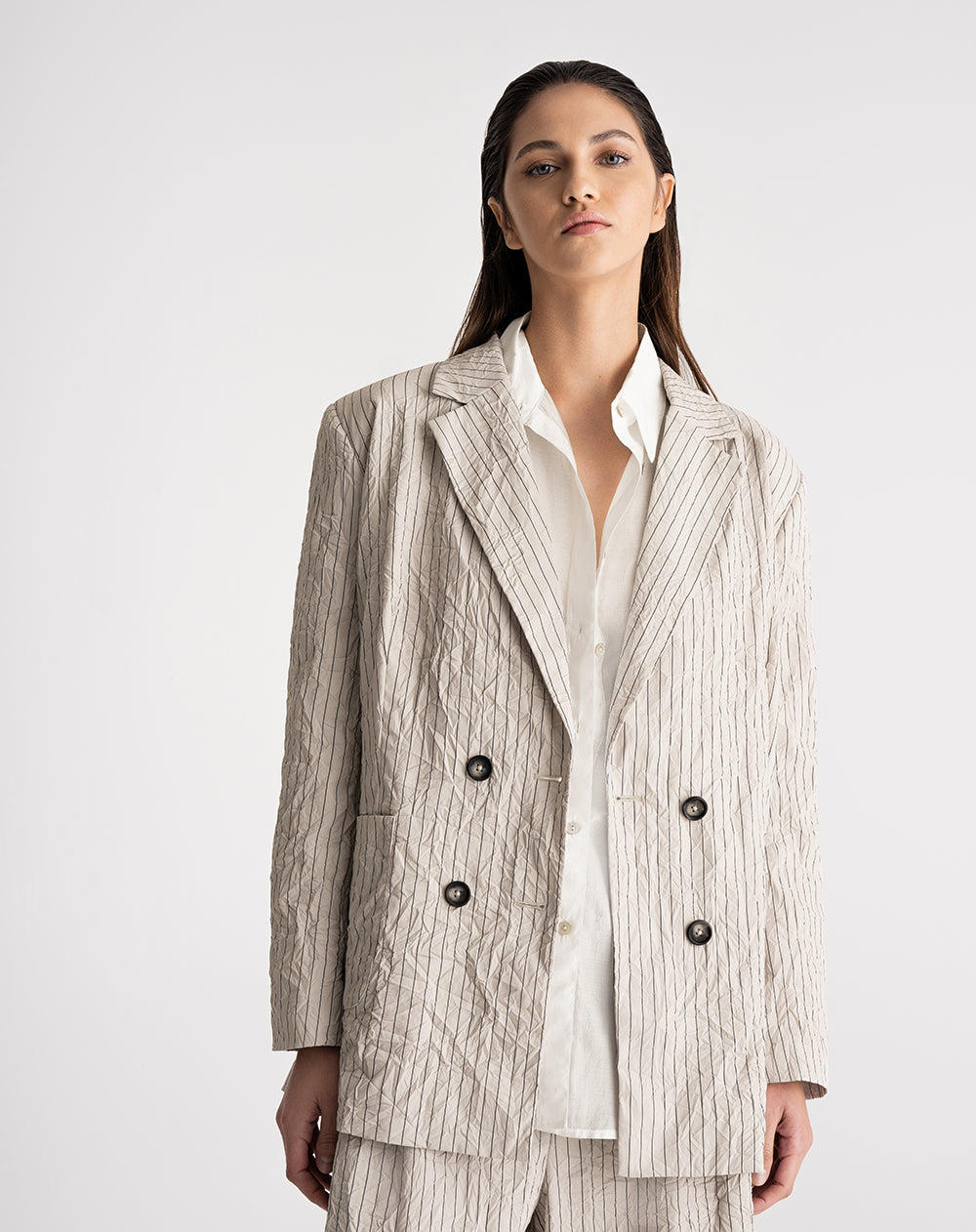Blazer oversize con forro efecto arrugado habano rayas mujer