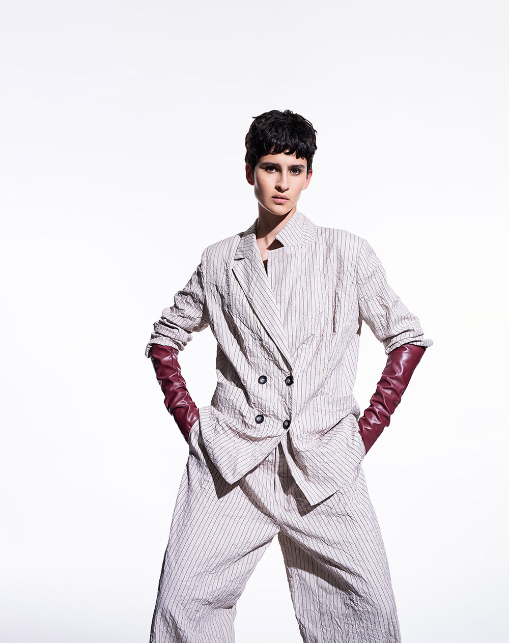 Blazer oversize con forro efecto arrugado habano rayas mujer