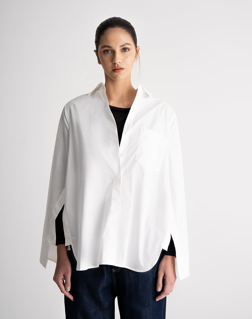 Camisa manga larga oversize perilla en costados crudo mujer