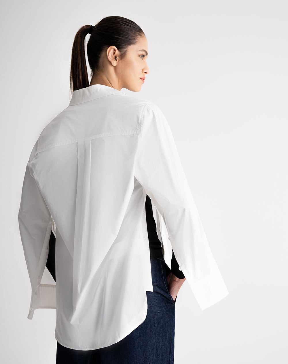 Camisa manga larga oversize perilla en costados crudo mujer