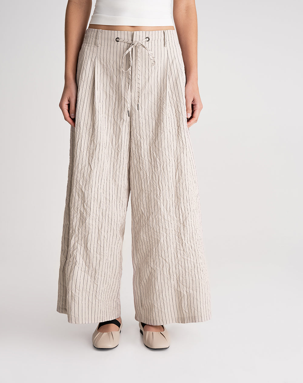 Pantalón culotte tiro alto efecto arrugado rayas mujer