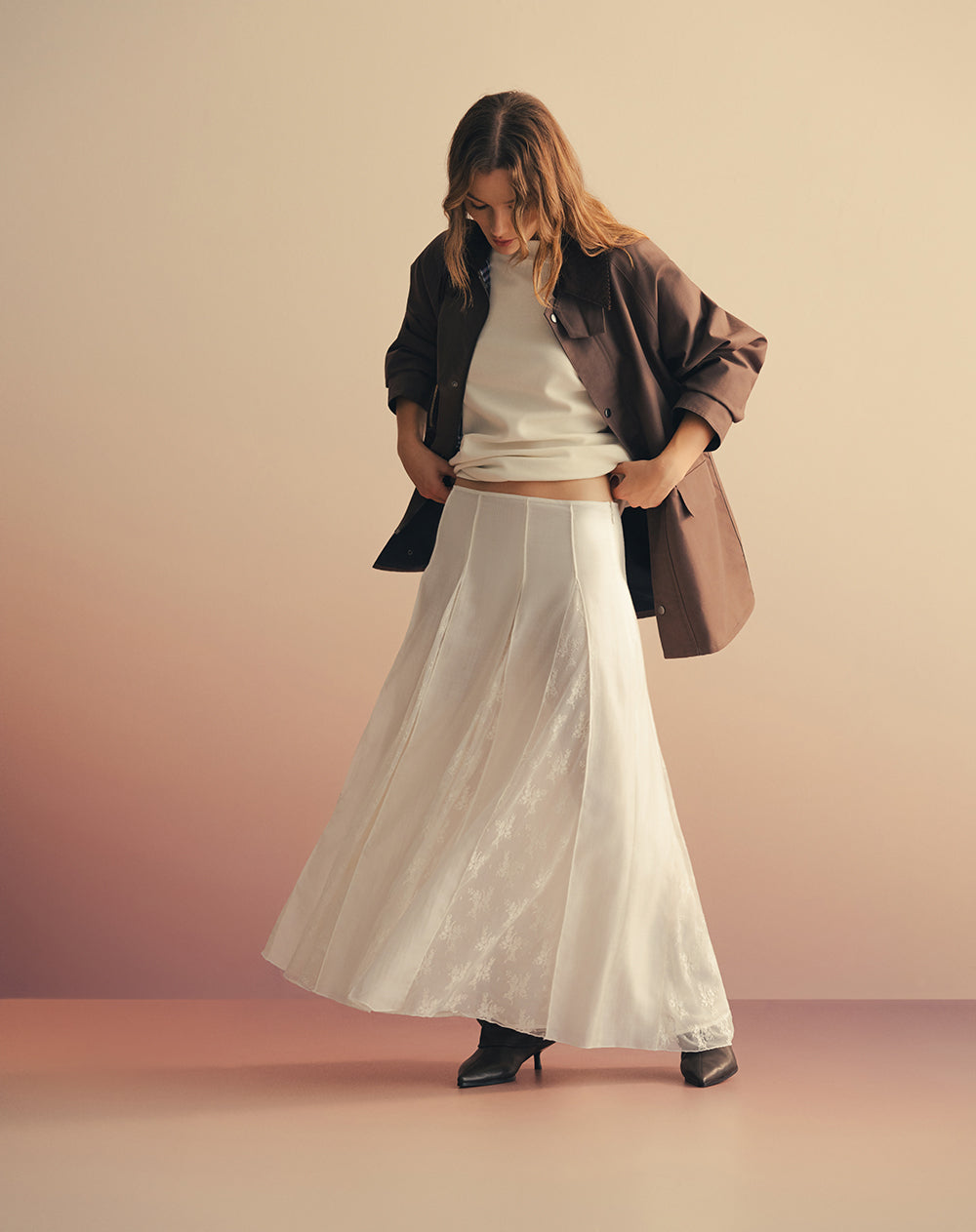 Falda larga tiro alto con encaje Ana Beliza