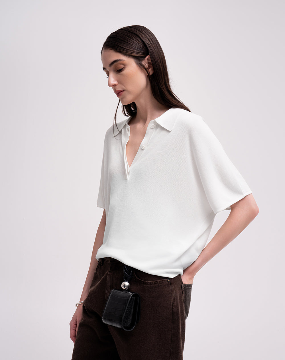 Polo regular tejido de punto crema mujer