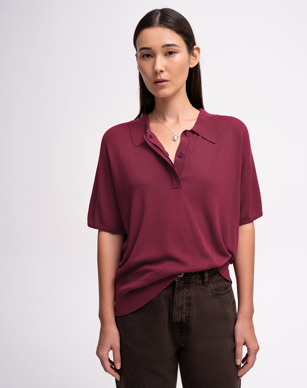 Polo regular tejido de punto vinotinto mujer
