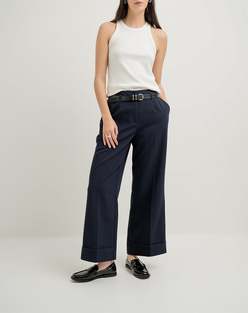 Pantalón wide leg tiro alto + correa azul mujer