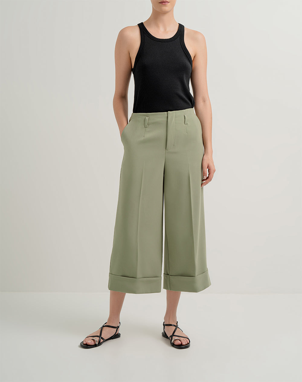 Pantalón culotte tiro alto doblez en bota verde mujer