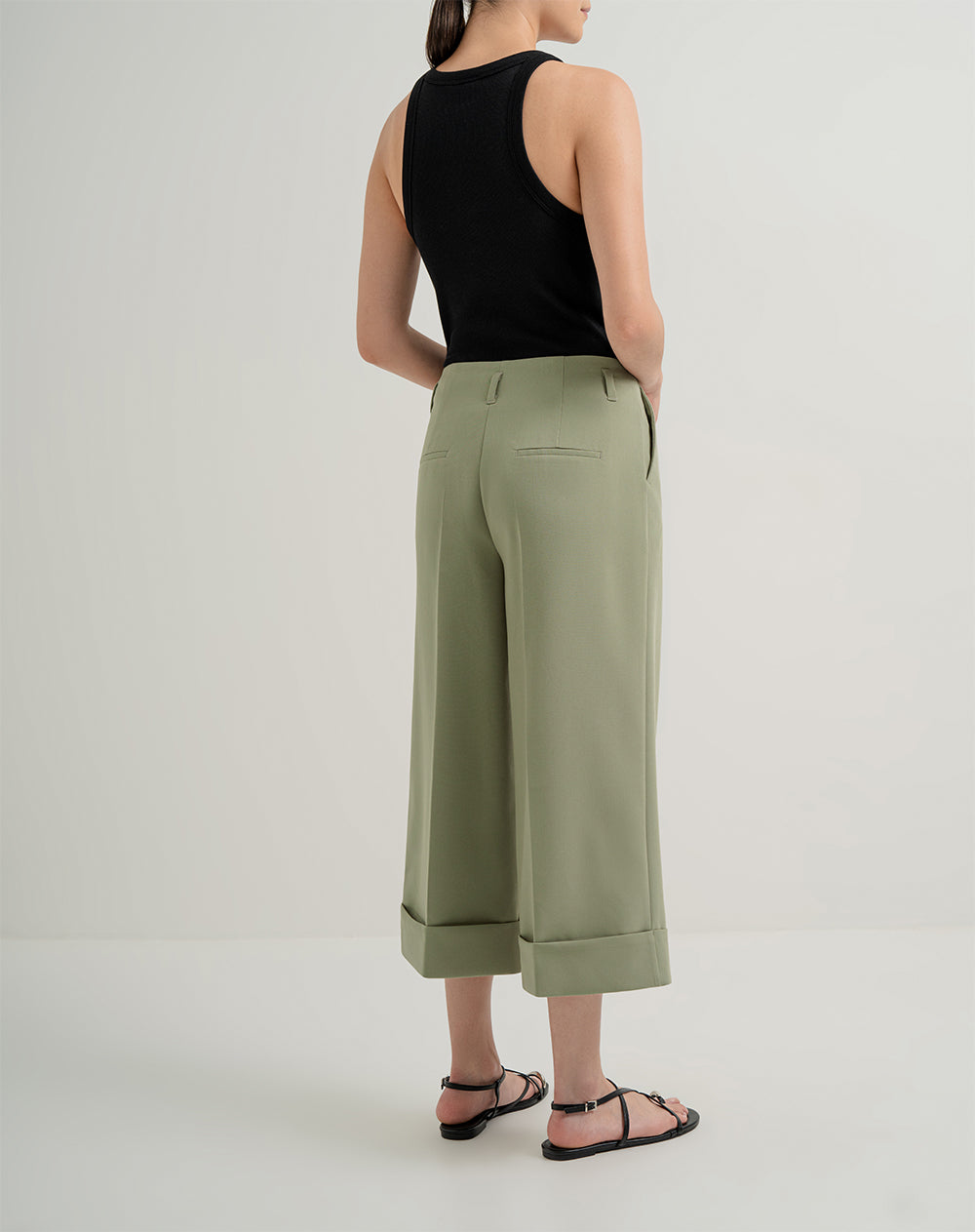 Pantalón culotte tiro alto doblez en bota verde mujer