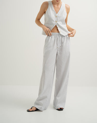 Pantalón tiro alto elástico en cintura rayas mujer