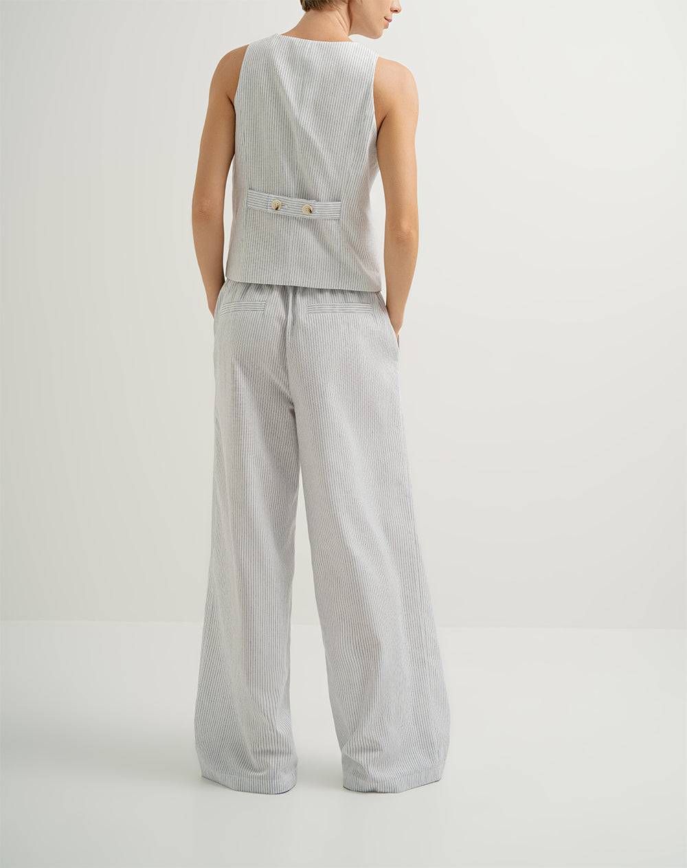 Pantalón tiro alto elástico en cintura rayas mujer