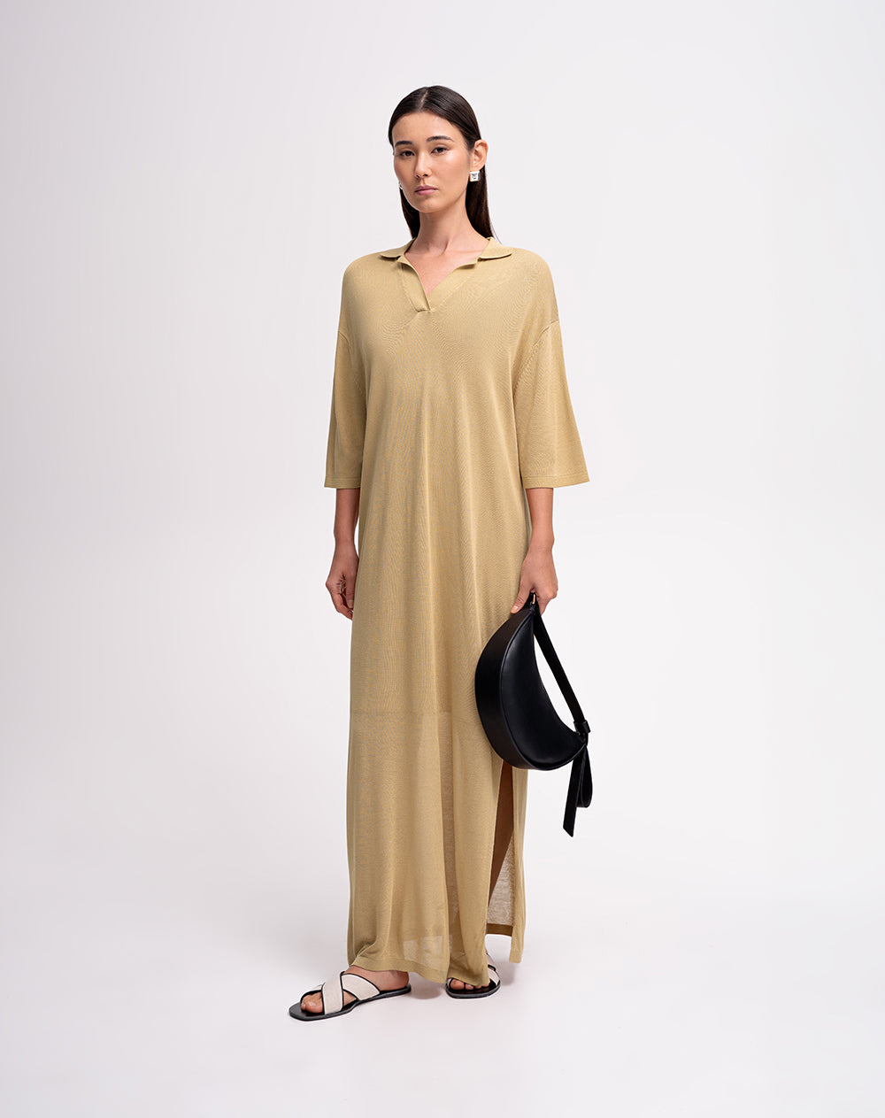 Vestido largo tejido de punto café mujer