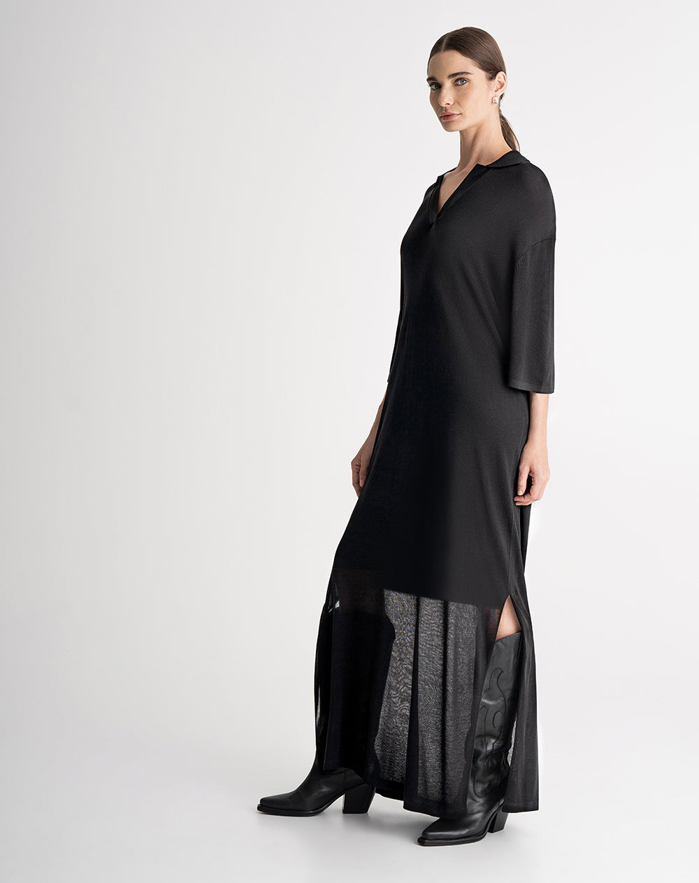 Vestido largo tejido de punto negro mujer