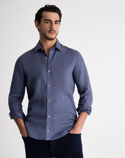 Camisa manga larga regular lino azul hombre